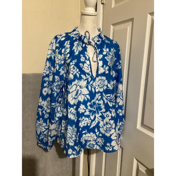 Zara Blouse Womens Large Blue White Floral Tie Neck Ruffle Collar Long Sleeve - Picture 1 of 6